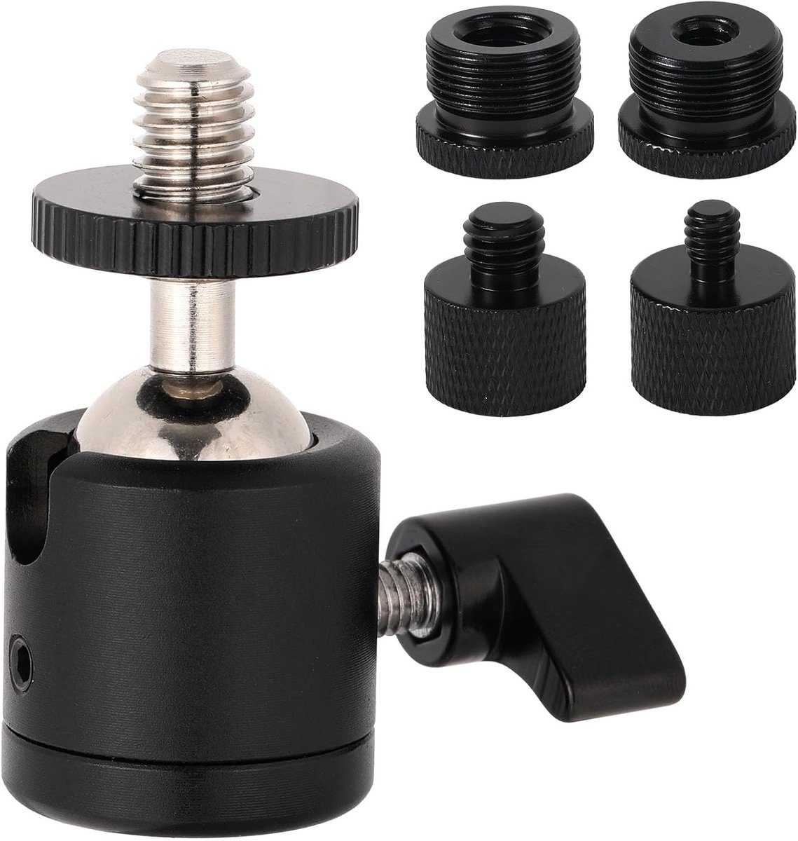 Adapterset voor Microfoon met Kogelgewricht, Inclusief 1 Kogelgewricht en 4 Adapters 360° Horizontale Rotatie 3/8" naar 5/8" en 1/4" Schroefdraadadapters voor Camerastatief Invullicht