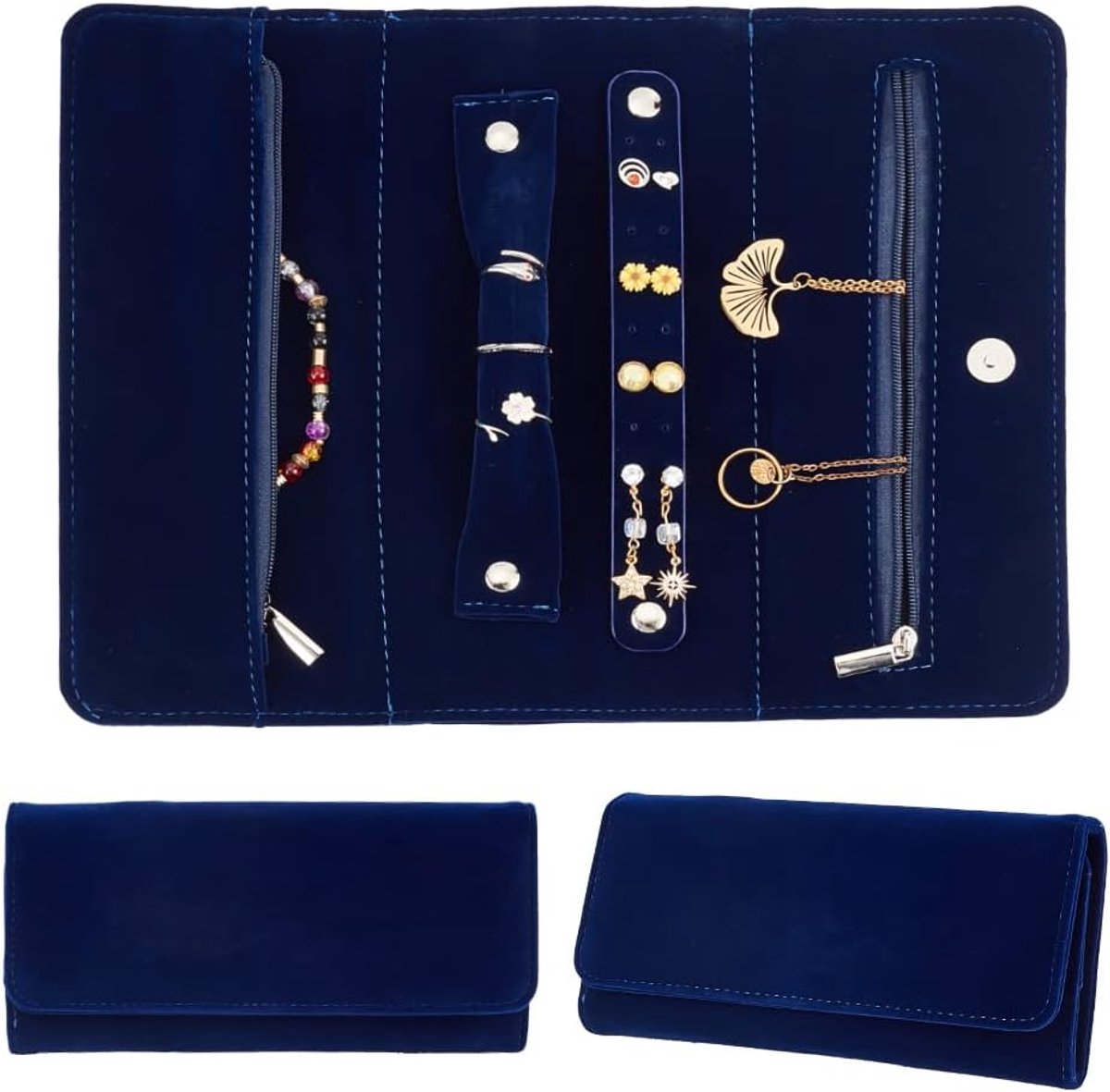 Reissieradenorganizer, fluwelen opvouwbare sieradentas, rechthoekige opbergzakjes voor sieraden, clutch met rits, reisarmbanden, kettingen, oorbellen, ringhouder, 22 x 2,8 x 10 cm