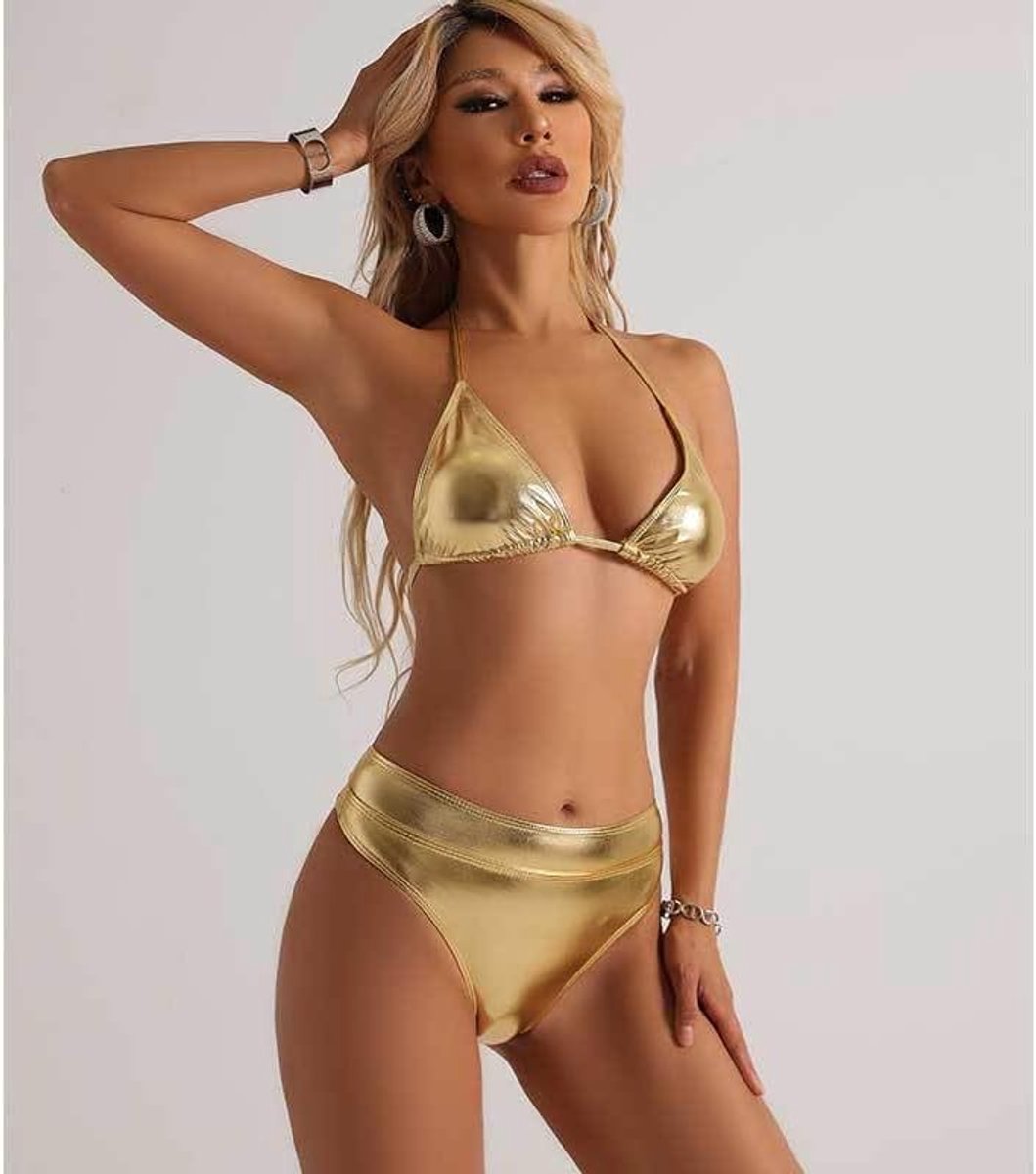 Metallic Bikini Set Tweedelig Badpak Glanzend Zilver Goud Badpak Driehoek Bikini Tops en Bottom Set