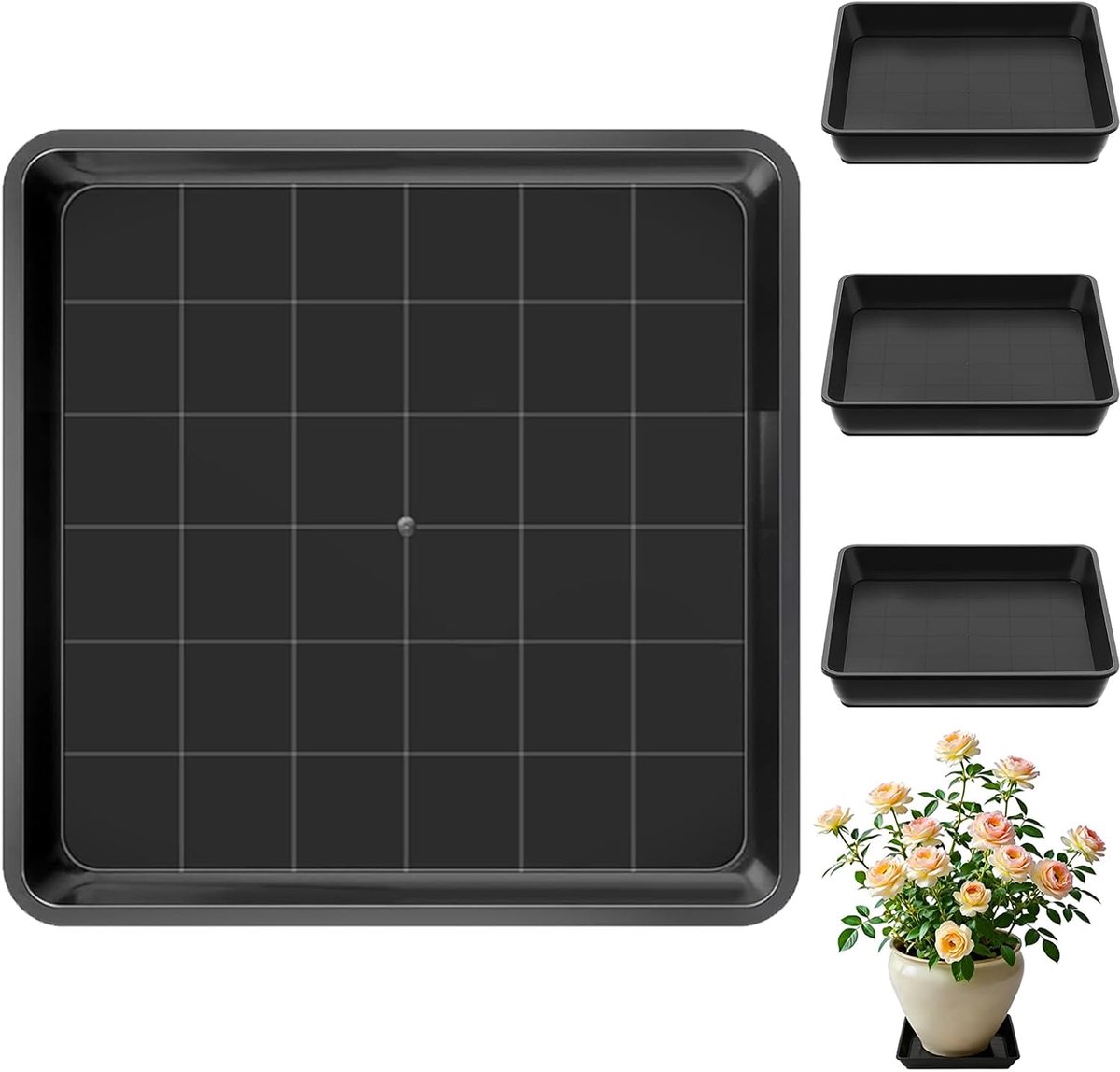 4 stuks bloempotonderzetters, rechthoekig, 30 x 30 cm, onderzetters, bloempot, kunststof, plantenbak, vierkante plantenbak voor binnen en buiten, zwart