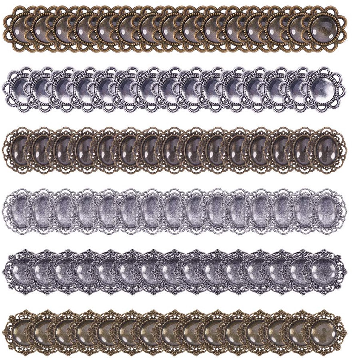 1 set / 90 stuks. Gemengde kleur legering hanger instellingen dienbladen met glazen cabochons voor het maken van sieraden, gemengde grootte