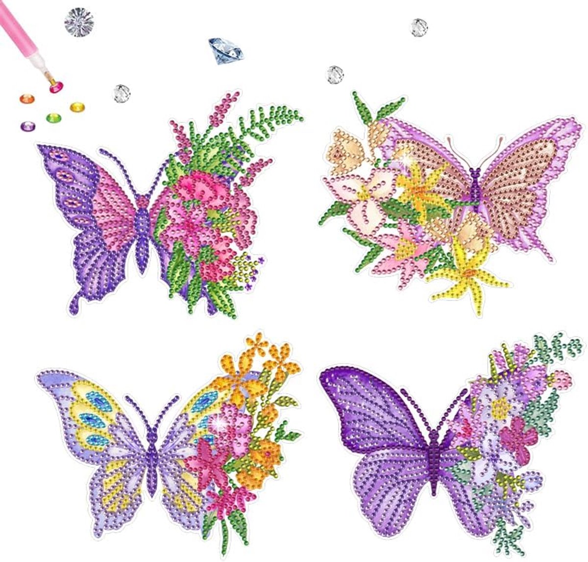 4 stuks vlinder 5D diamant schilderij stickers kits voor kinderen, bloemen diamant kunst stickers, doe-het-zelf diamant schilderij stickers, kunst ambachtelijke mozaïek stickers, verf op nummer diamant handwerk voor kinderen volwassenen beginners