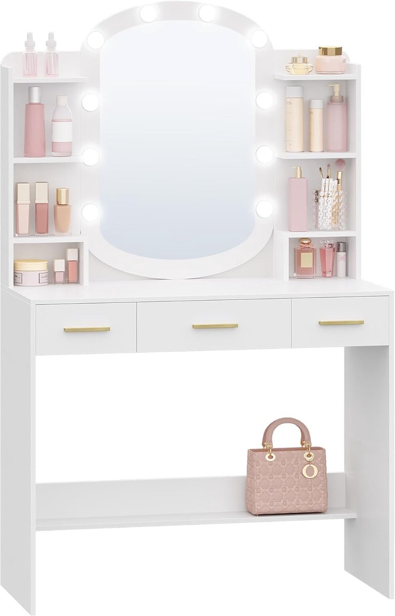Hzuaneri Kaptafel met Ovale Spiegel, Kaptafel met 10 LED-lampjes, LED-verlichting met Instelbare Helderheid, Make-up Bureau, 3 Laden en 6 Open Planken, 40 × 90 × 144 cm Wit