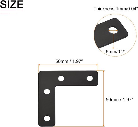50x50mm (LxB) L-vorm reparatieplaten -10 stuks - goed voor houten meubelonderhoud - ijzeren hoekbeugels W/schroeven - zwart — afbeelding 5