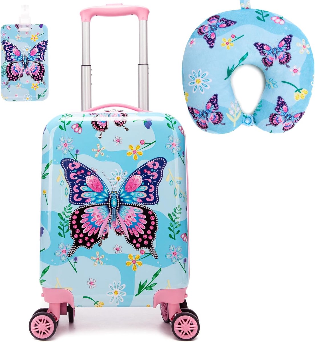 Kinderkoffer set 2-delig - harde koffer met wielen - schattig vlinderdesign - ideaal voor reizen - SnelShoppen