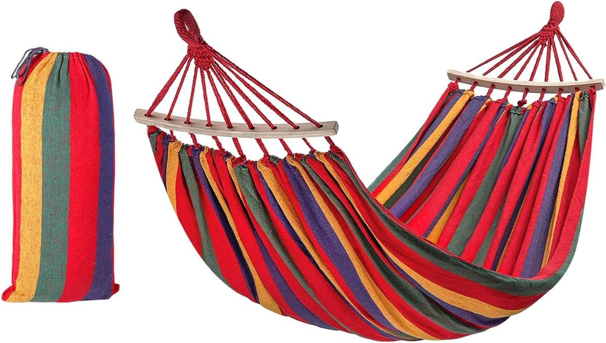 Eenpersoonshangmat - Hangmat met spreidstok - Ontspannen in de tuin - Stabiele polyester constructie - 90x260 cm - Rood