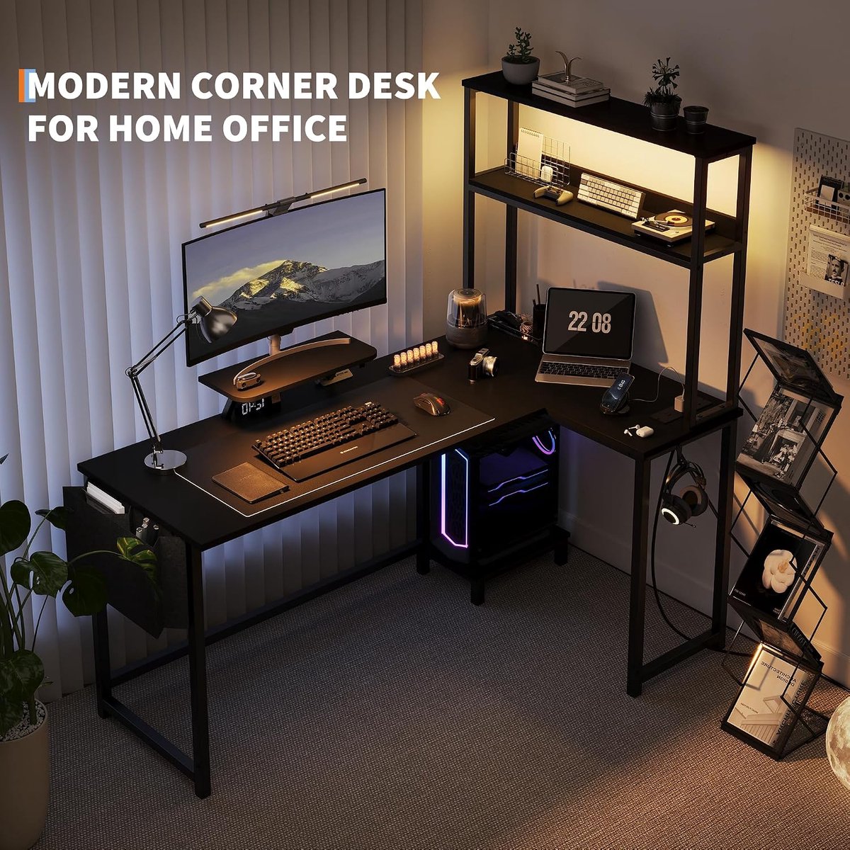 L-Vormig Game Bureau met LED Verlichting - Hoekbureau met Ingebouwd Stopcontact & USB - Computerbureau met Monitorverhoger, Lade en Opbergtas - 124x100x148 cm - Zwart thumbnail 5