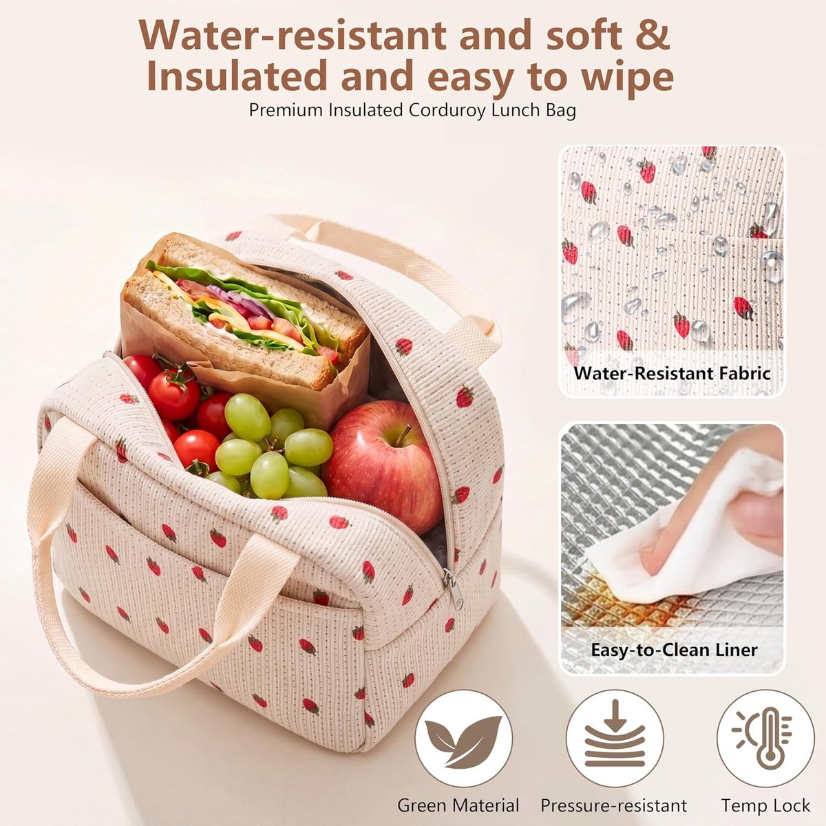 Hergebruikbare lekvrije lunchtrommel - schattige corduroy thermolunchtas, grote capaciteit herbruikbare geïsoleerde koeltas, geschikt voor werk, reizen, strand of picknick — cadeau in Cadeau-ideeën - foto 3