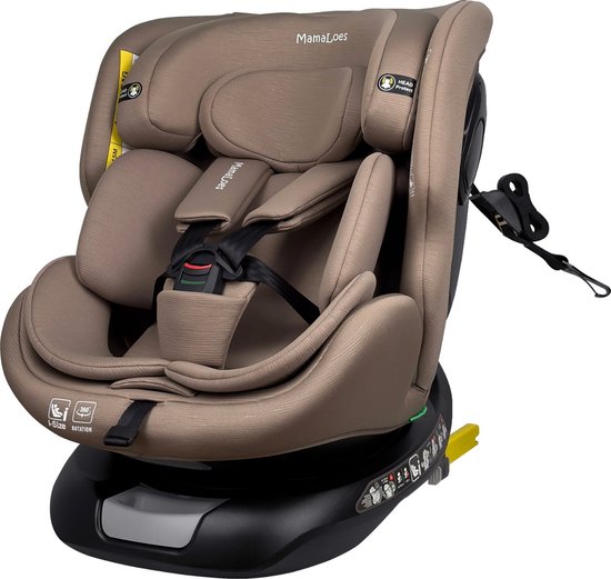 Bruine MamaLoes Joah autostoel met 5-punts gordels, hoofdsteun en Isofix-bevestiging.