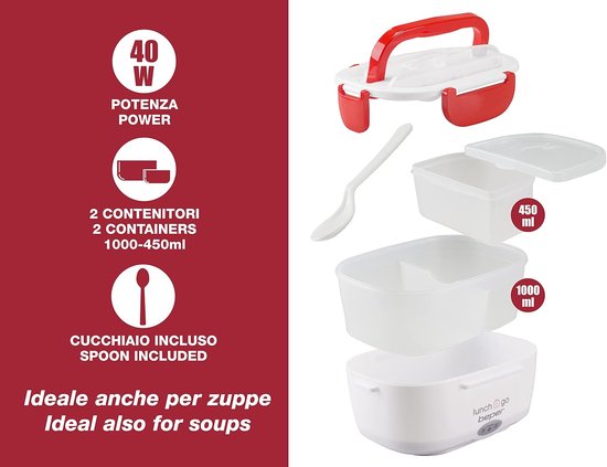 Elektrische Voedselverwarmer - Draagbare Lunchbox - Lunch Opwarmen - Dubbel Compartiment - 1450 ml - Rood — afbeelding 2
