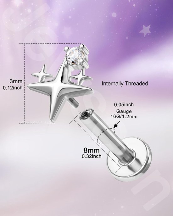 16G Star Labret Stud 316L chirurgisch staal platte achterkant oorbel CZ helix kraakbeen oorbel intern schroefdraad tragus piercing sieraden voor vrouwen mannen — afbeelding 4