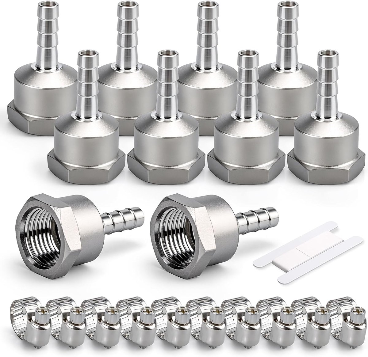 10 stuks roestvrij staal slang hulpstukken, 3/8” BSP vrouwelijke x 8MM connector met 10 stuks klemmen, slang adapter