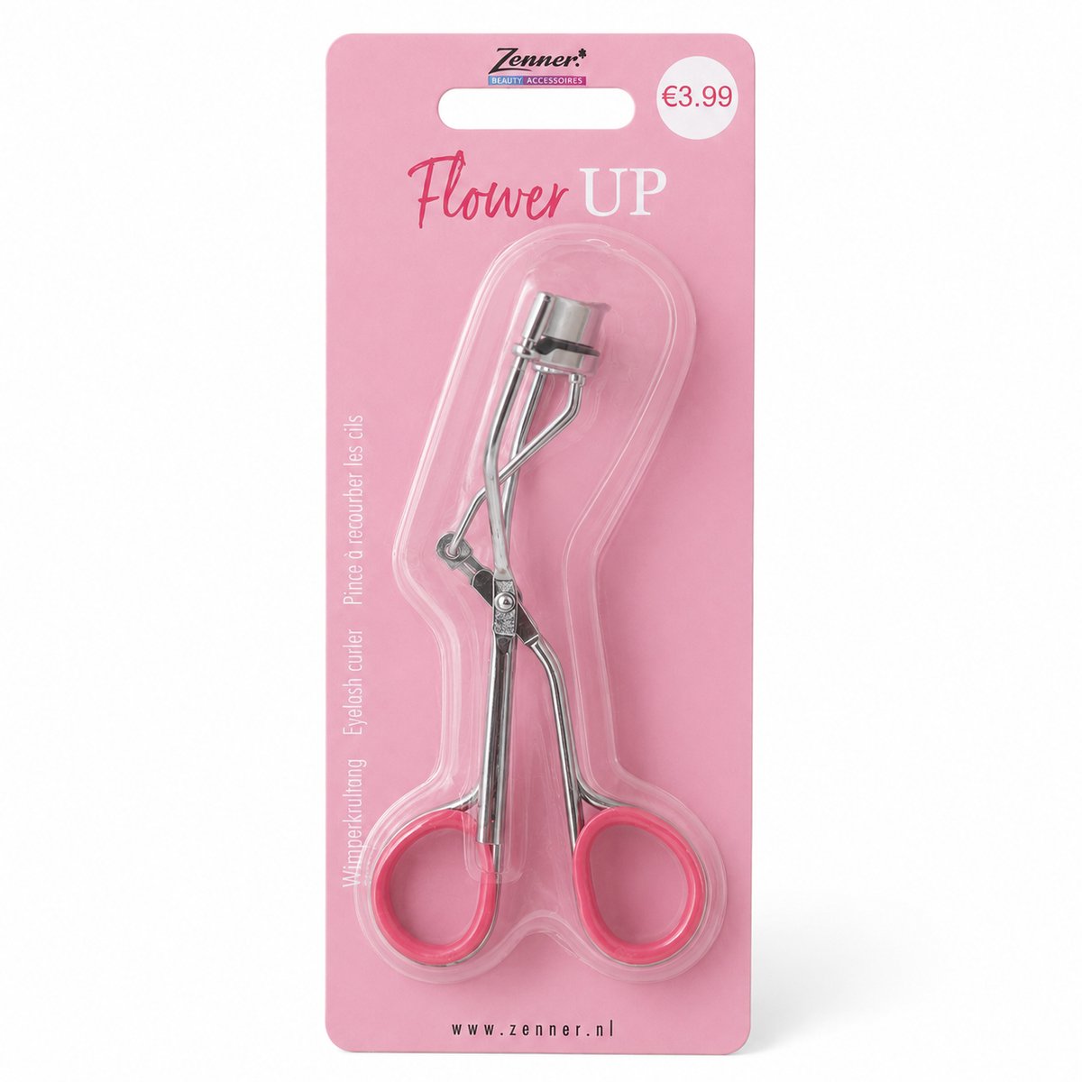 Zenner Flower Up wimperkrultang – zilverkleurig met roze handgrepen