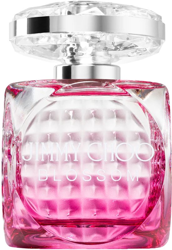 Jimmy Choo Blossom Eau de Parfum damesparfum in een vierkante glazen flacon met roze vloeistof, zilverkleurige ring en facetgeslepen dop.