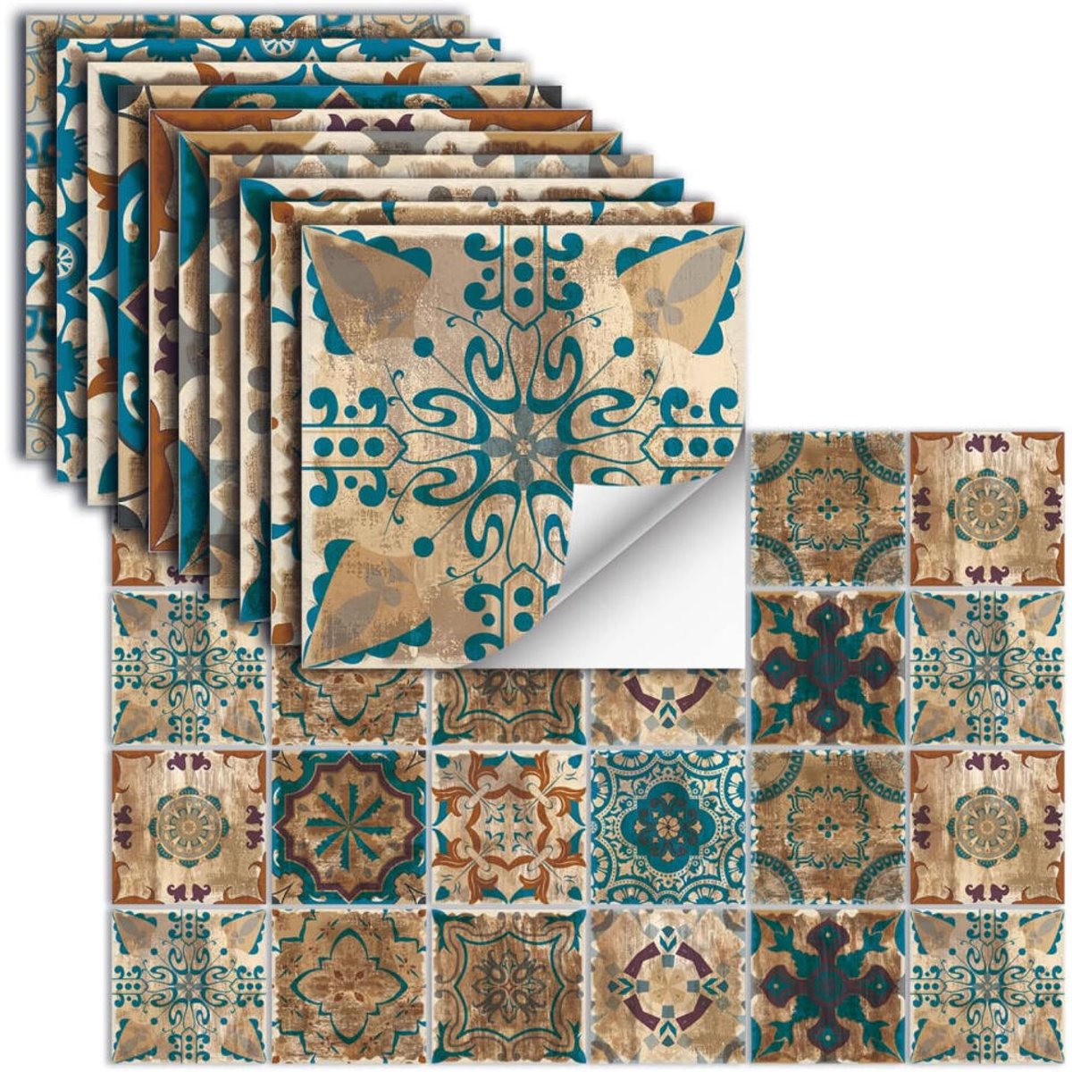 Plaktegels - 24 stuks - 15cmx15cm - Zelfklevende wandtegels - Tegeltickers - 3D Muurstickers Keuken - Waterdicht en Oliebestendig - Keukensplashboard Tegels - Retro Tegelstickers - Tegelstickers Badkamer - Wandpanelen - Wandtegelstickers - BruinBlauw