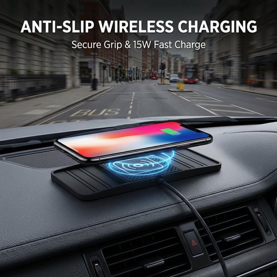 15W Snelle Inductielader voor de Auto USB-C Draadloze Autolader met Design met Dubbele Uitsparing Antislip Snel Oplaadmat met Type-C Kabel 1M voor iPhone 17 16 15 14 13 12 11 X Samsung — afbeelding 2