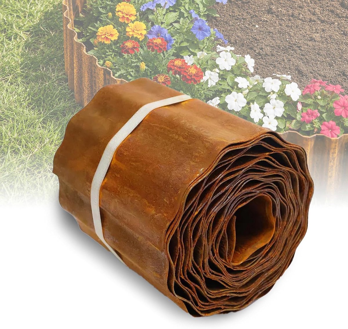Metalen Gazonrand 12m x 15cm, Flexibele Borderrand | Weersbestendige tuinbegrenzing, roestlook, gladde of gegolfde uitvoering, metalen strip maaikant, hoogte 15cm