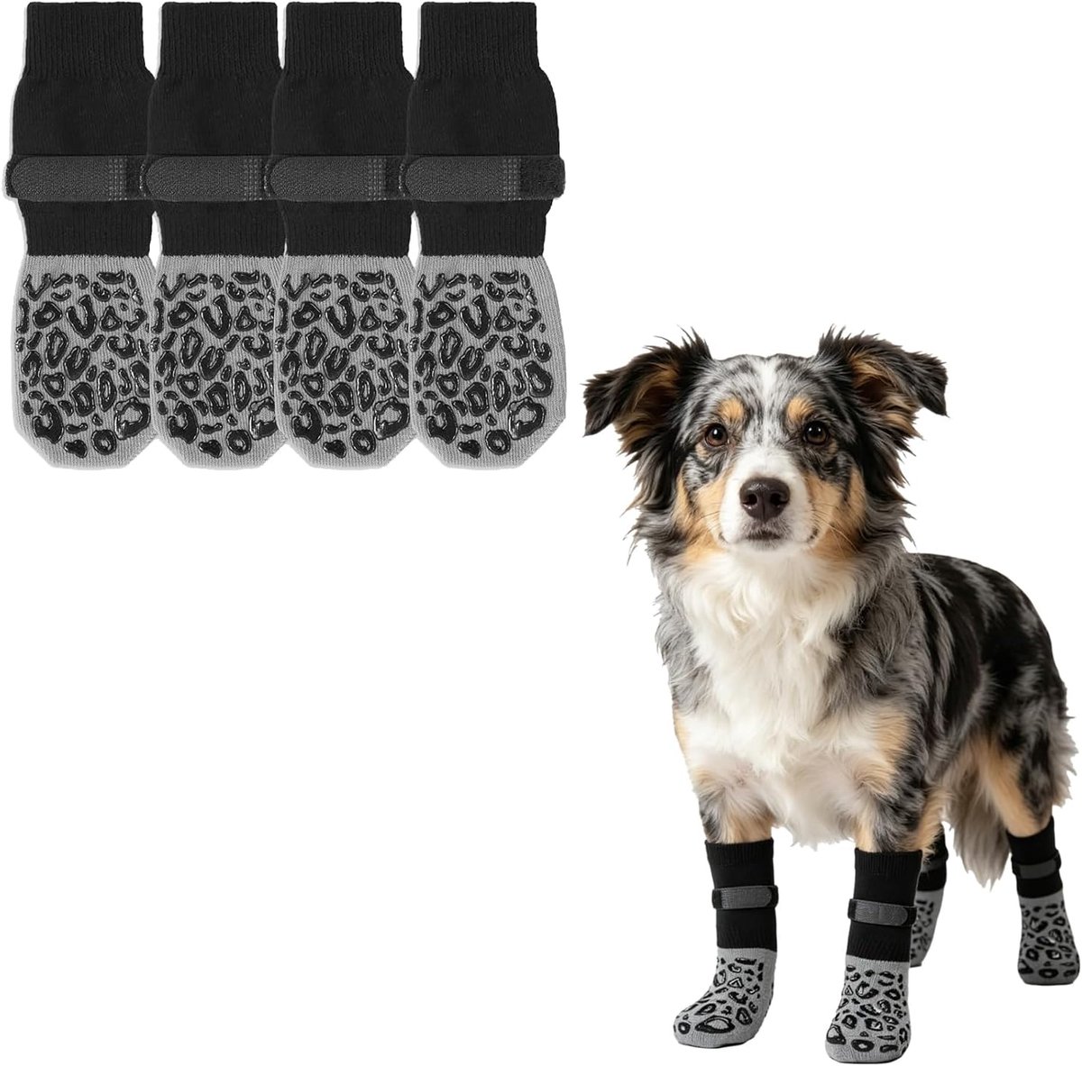 Hondensokken met Waterdichte Rubberen Zool, Verstelbare Riemen, Paw Protectors voor Hardhouten Vloeren, Zwart Luipaard Motief, XL, 2 Paar