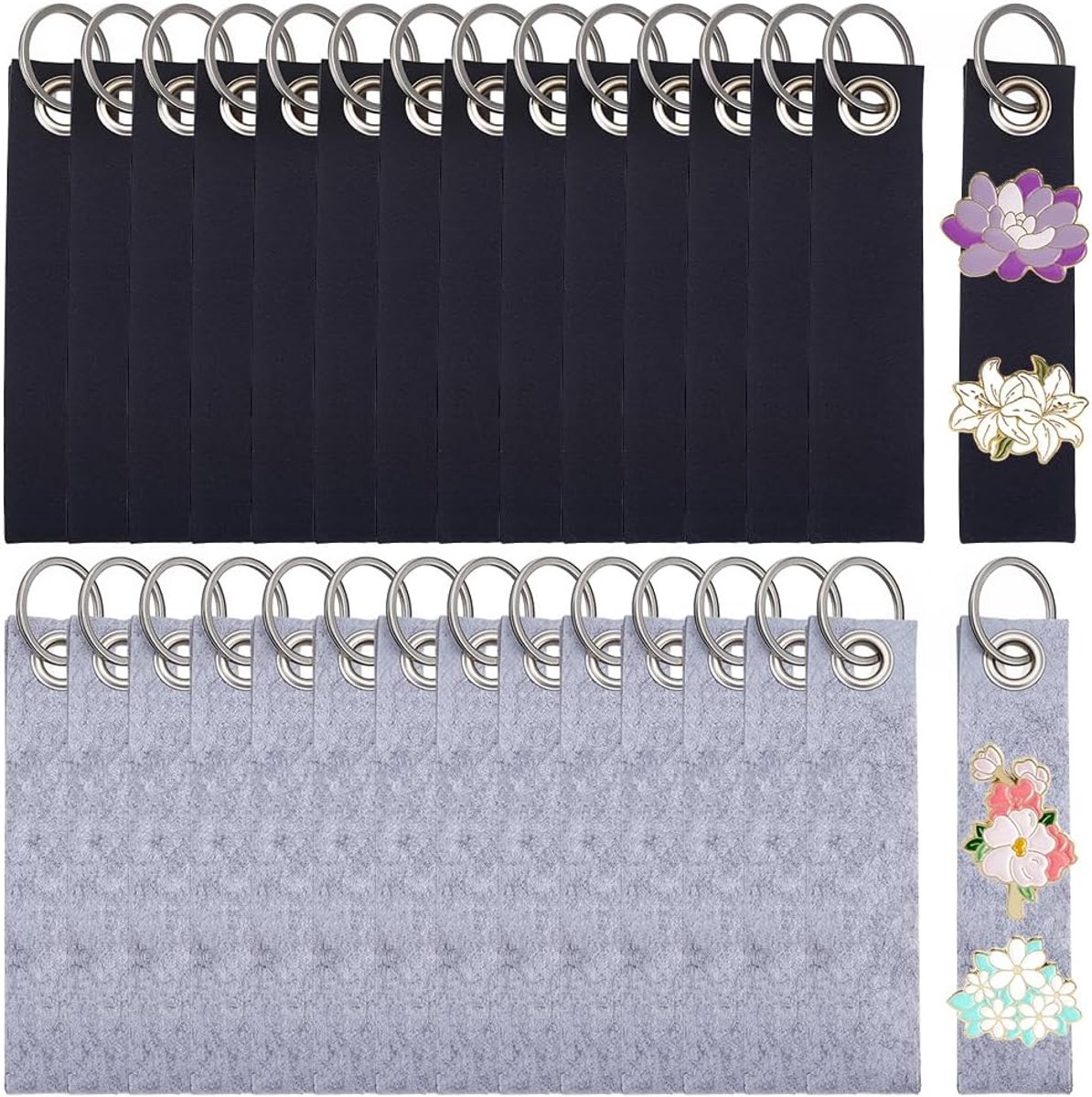 1 Doos 30 stuks 2 kleuren Sleutelhangers Van Stof Vilt Groothandel Met Ringen Rechthoekige Stoffen Sleutelhangers Zwart Grijs Lege Broches Houder Persoonlijke Sleutelhangers