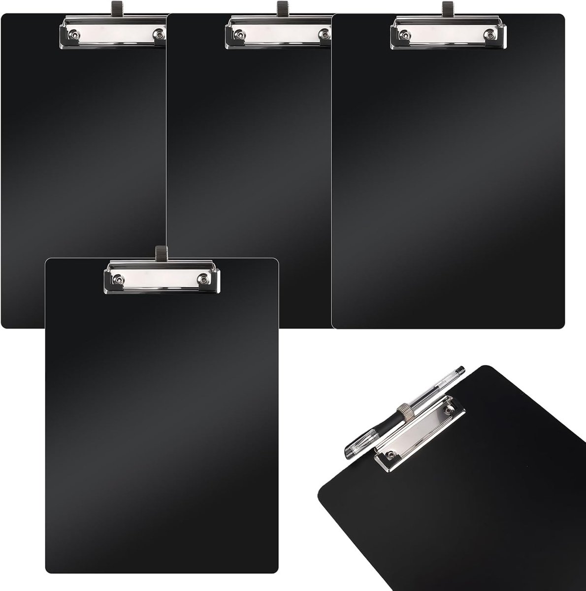4 stuks klembord A4 met penhouder, clipboard A4 met rubberen pads kunnen papier veilig op zijn plaats houden, klembord met penhouder van kunststof voor thuis, school, kantoor (zwart)