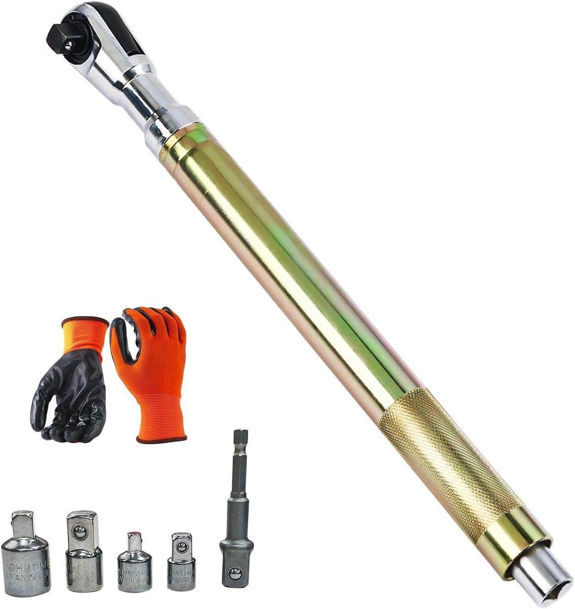 moersleutelverlengset, 44 cm, 1/2 inch sleutelverlenging, ratelverlenging, voor handmatig/elektrisch/pneumatisch gereedschap, voor autoreparatie, met 5 adapters, handschoenen