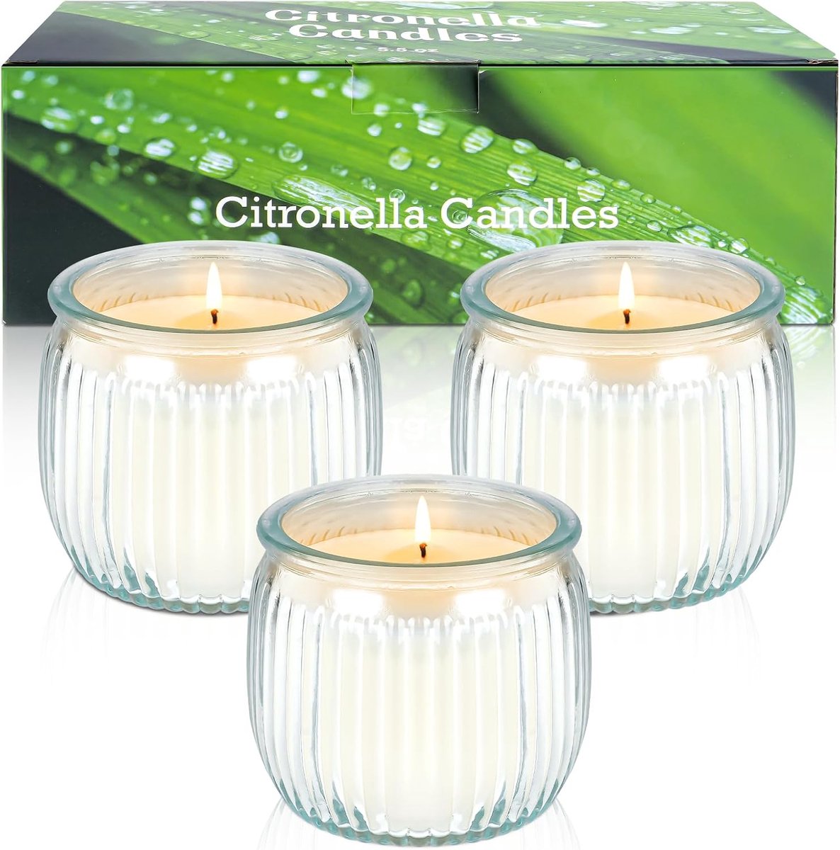citronella buitenkaarsen, set van 3 buitenkaarsen in glazen potten met natuurlijke sojawas en citronella-olie, perfect voor de tuin, camping, picknicks en balkons, brandduur 135 uur