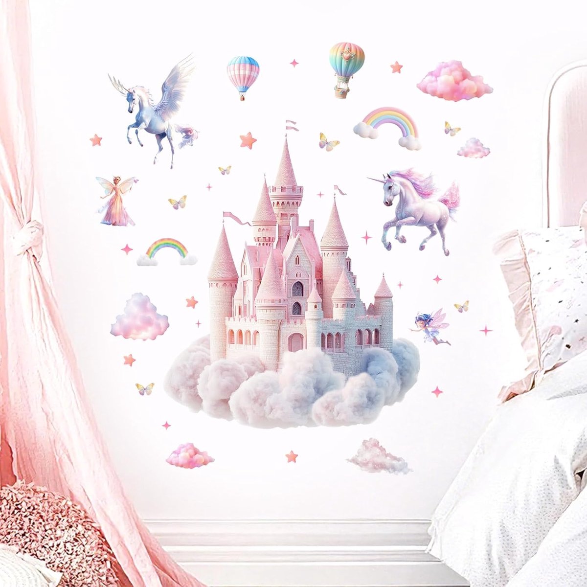 Muurstickers voor meisjes verwijderbare schil en stok wolken vlinders, sprookje eenhoorn muurstickers voor baby kinderkamer slaapkamer