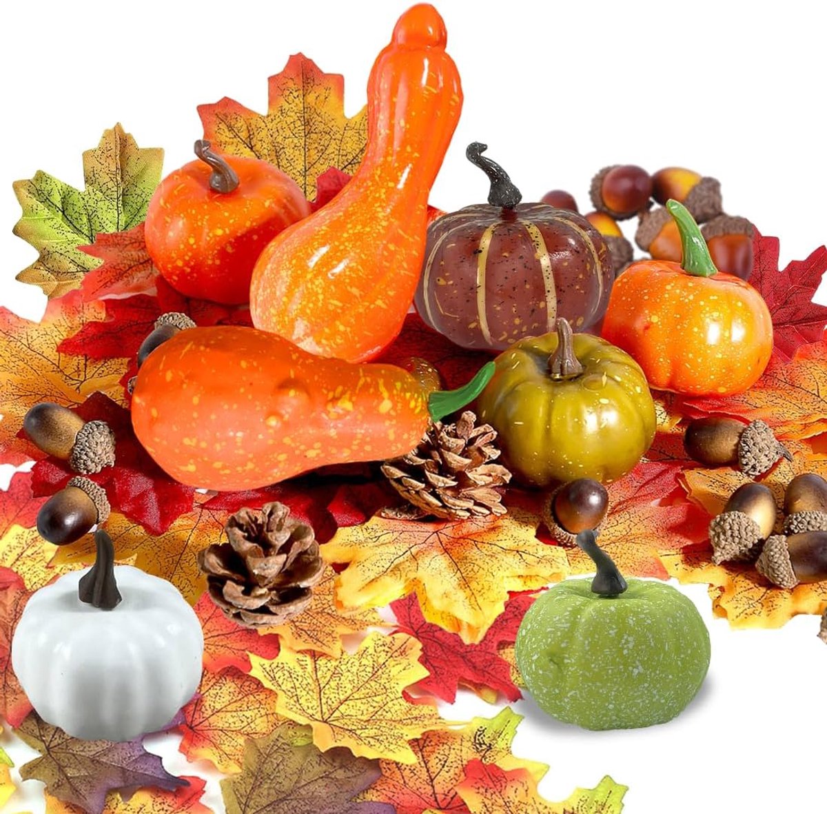 50 stuks herfstdecoraties, pompoenset, kunstpompoenen, esdoornbladeren, eikels, dennenappels voor Halloween, Thanksgiving, feestelijke feestdecoratie, accessoires