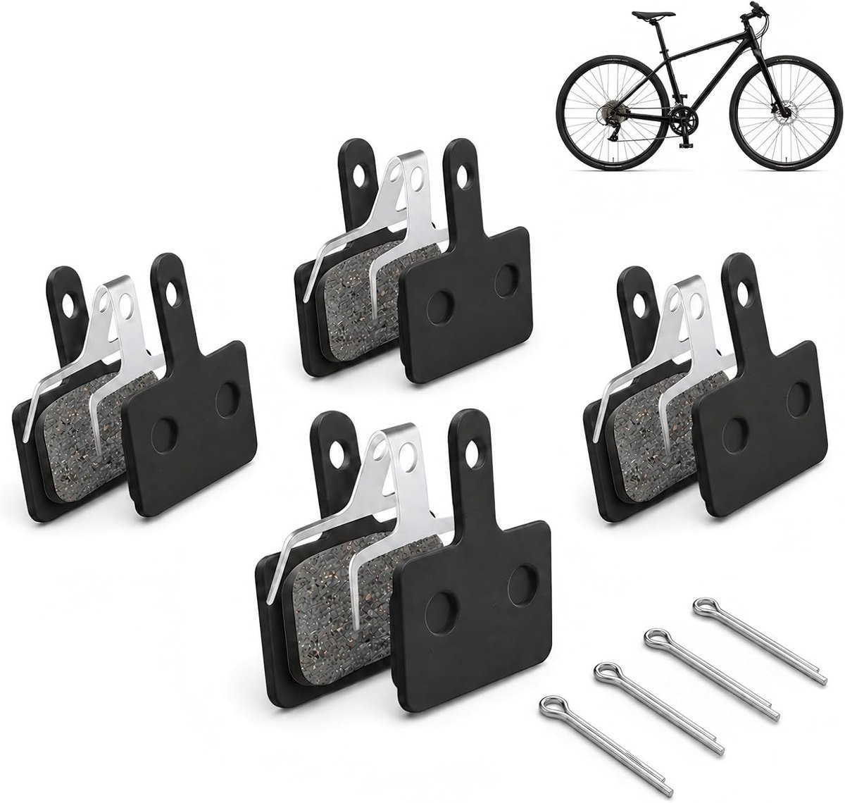 4 Paar Semi-Metalen Fiets Remblokken, Schijfremblokken met Pins en Veren, Compatibel met Shimano B01S B03S B05S MT200 MT400 MT500 en Tektro Modellen, MTB E-Bike Trekking Citybike Vervangingsset