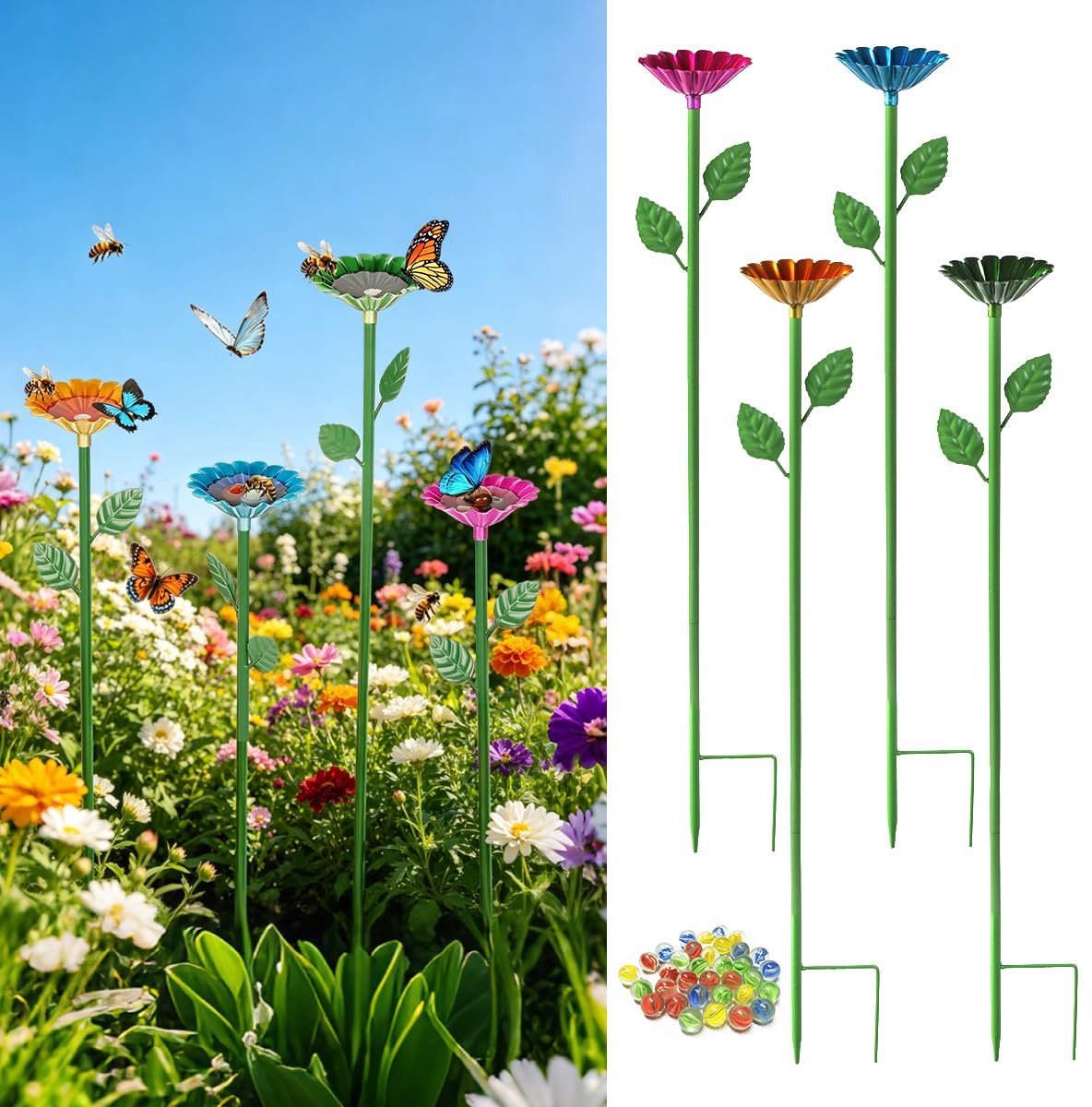 Bijendrinkbak voor de tuin, 4 stuks bloemenvormig waterstation voor bijen met 20 glazen ks, bijen insectenbak tuin met in hoogte verstelbare stang en grondpen voor bijen en vlinders
