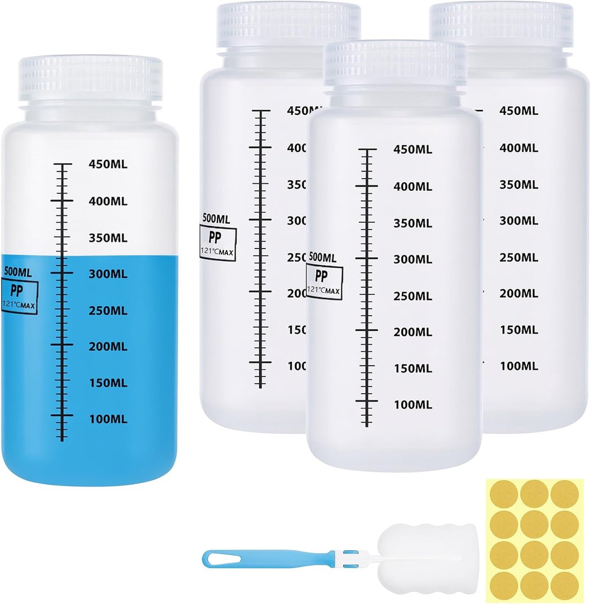 4 stuks 500 ml fles met brede hals, kunststof, laboratoriumreageerbuisje met brede opening, verzegeld, lekvrij, doorschijnend, PP-fles, voor pillflessen, watermonsterflessen