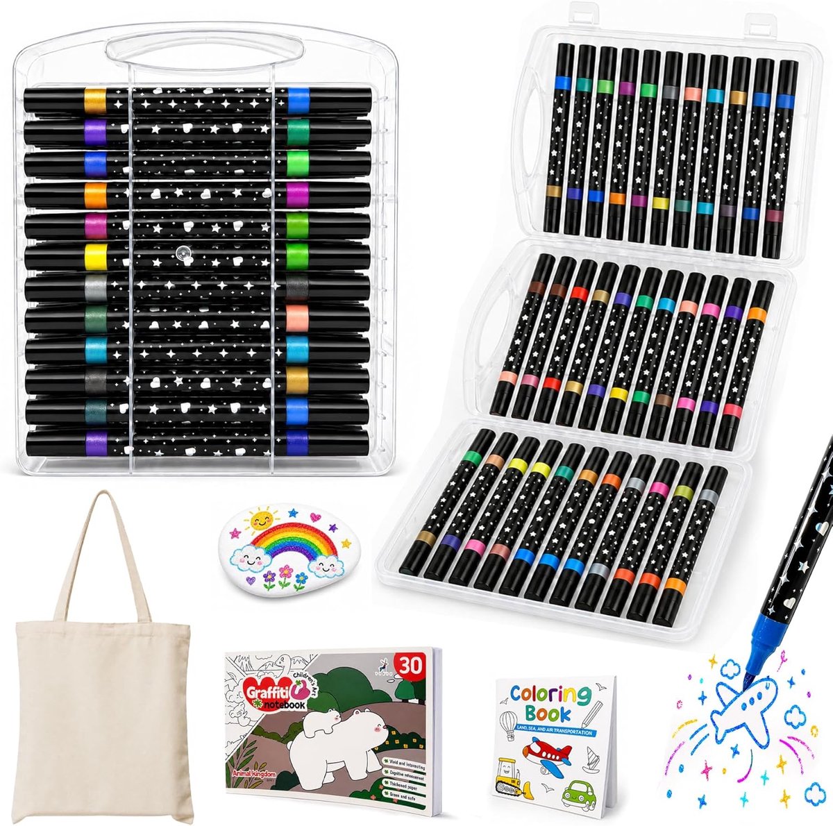 Glitterstiften met Dubbele Punt, 36 Stiften met 72 Kleureffecten, Set voor Tekenen, Knutselen en DIY, met 2 Kleurboeken, Steen en Stoffen Tas, voor School en Kunstles (Mannelijk)
