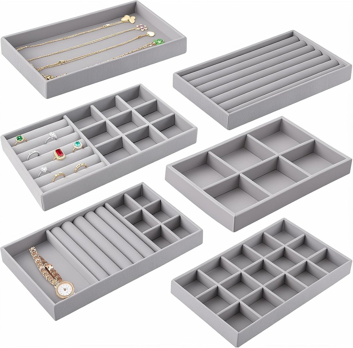 6 stuks sieradenopbergplateau, fluwelen sieradenopberglade, opbergorganizer voor sieraden, stapelbare sieradenorganizer, opbergoplossing voor oorbellen, ringen, armbanden, kettingen en broches