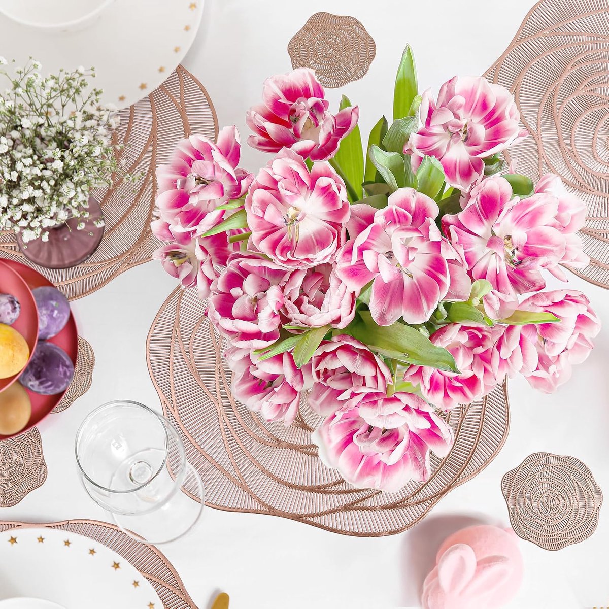 Placemats, roségoud pvc, antislip en afwasbaar, hoogwaardige dinermatten, Europese stijl, roségoud bloemendesign, hittebestendig voor de keukentafel, 38 x 38 cm