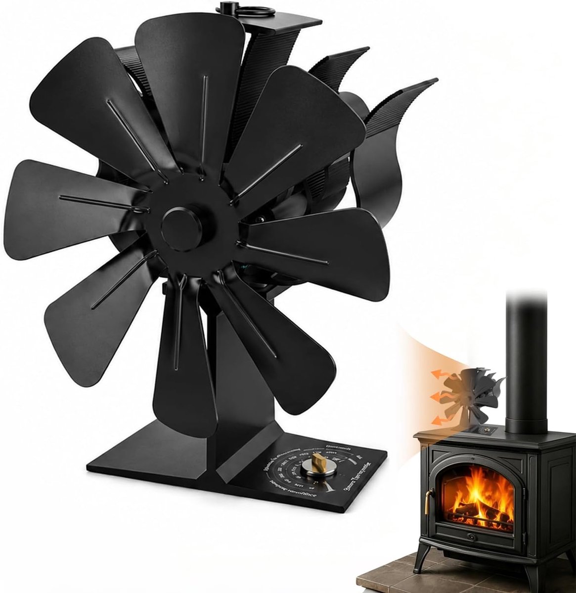 open haardventilator, open haardventilator zonder stroom, 8 ventilatorbladen, geïntegreerde thermometer, te gebruiken in houtkachels, pelletkachels en verschillende ovens, geluidloos