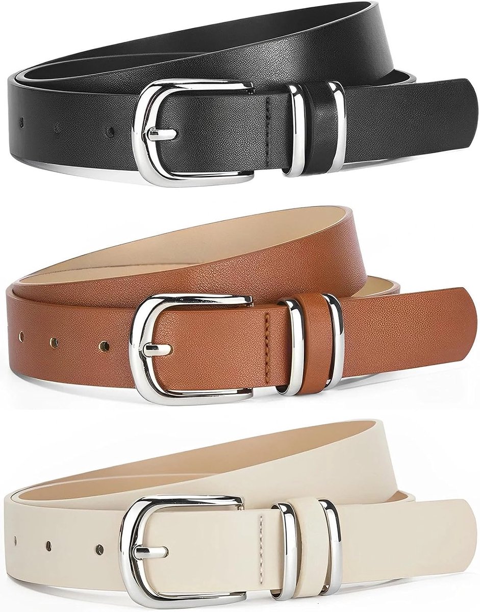 Riemen Met Zilveren Metalen Gesp - Modieuze Taillriem voor Jeans, Broeken en Jurken in Zwart, Bruin en Beige (Stijl B)