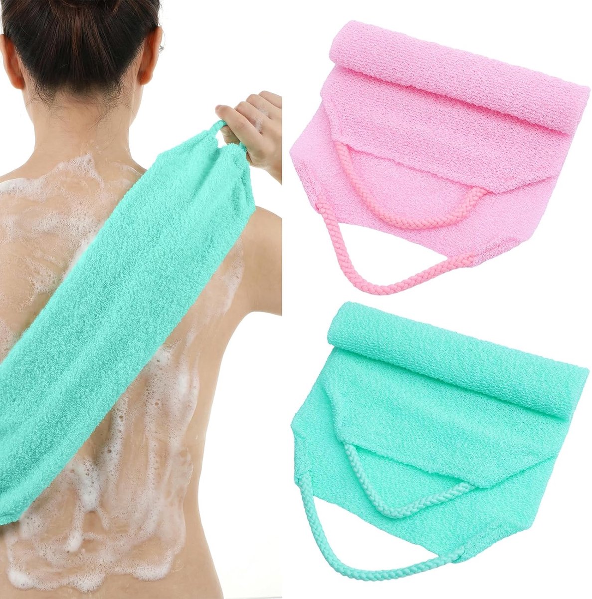 2 stuks rugschrobbers voor gebruik in de douche exfoliërende loofah rugschrobber met handgrepen zachte douchebad scrub voor vrouwen en mannen, dubbelzijdige body exfoliator bad tool