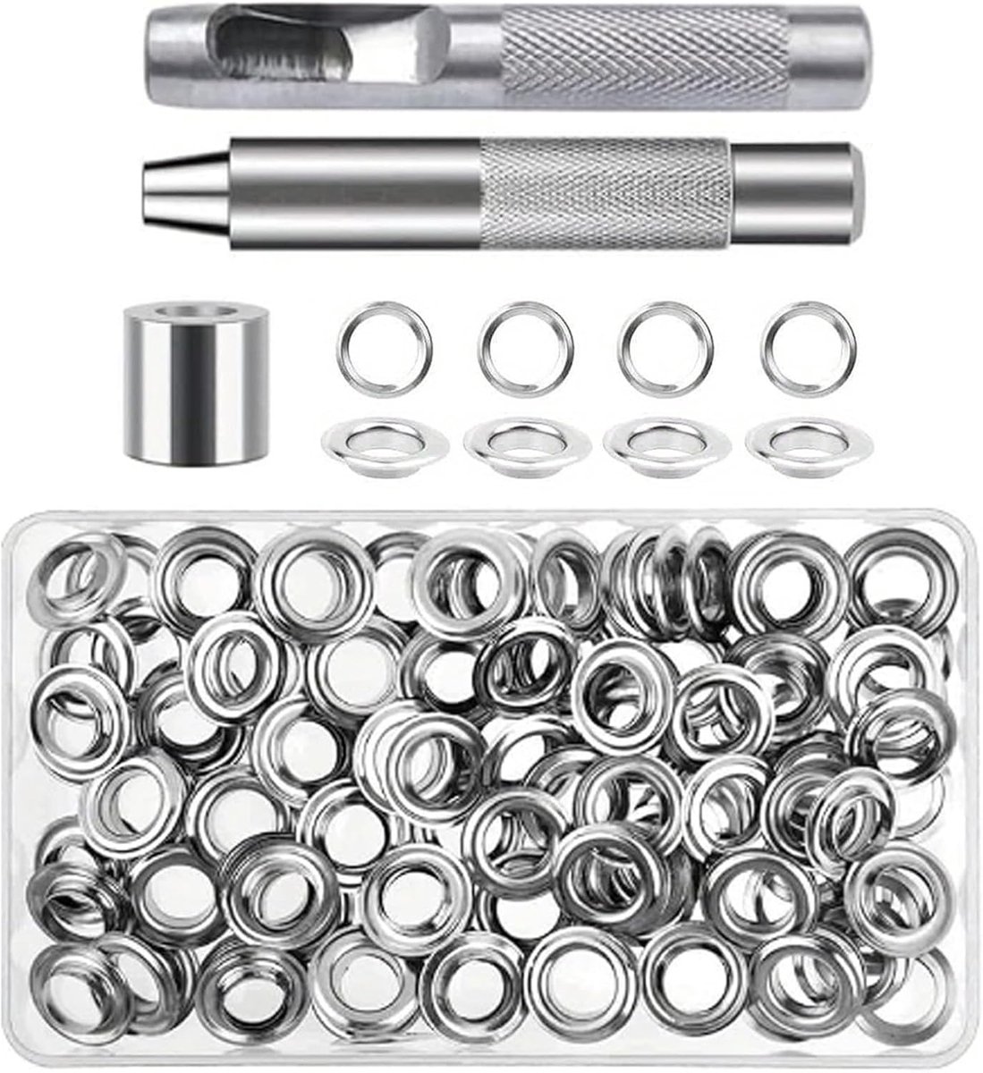100 stuks, 6 mm, zilverkleurige metalen ogen, ogen voor stoffen met 3 gereedschappen, kit ogen voor dekzeilen, tassen, schoenen, kleding