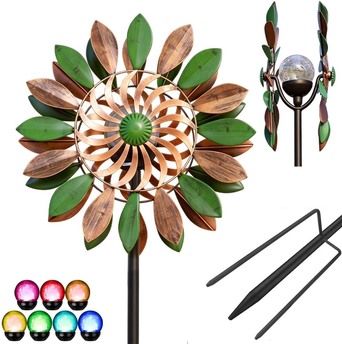Windgong op zonne-energie voor de tuin, diameter 35 cm, metalen windgong met glazen bol op zonne-energie, metalen dubbele windgong, roestbestendig windmolen voor tuin en terras