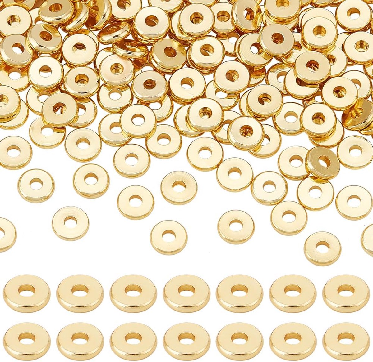 PandaHall 200 stuks 6 mm platte Heishi Spacer Kralen 18K Vergulde Kralen Disc Losse Kralen Messing Platte Ronde Metalen Kralen voor Kleikralen Zomer Bikini Ketting Hawaii Stapelbare Armband