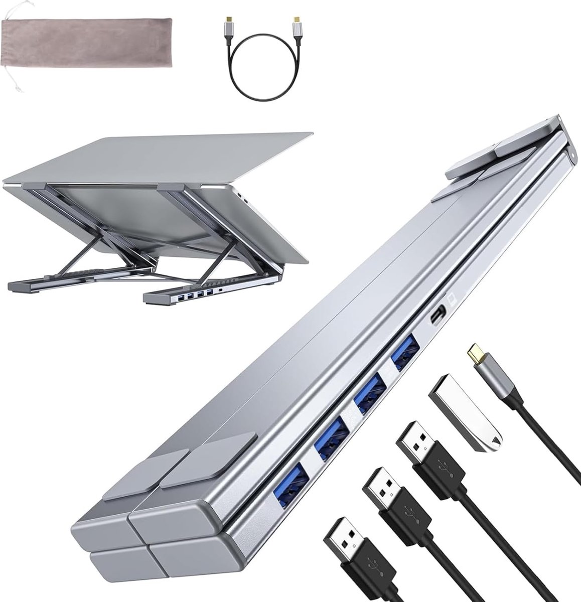 SnelShoppen - Laptopstandaard met Dockingstation, 5 in 1 USB C Hub, 4 USB 3.0 Poorten, 6 Hoogteverstellingen, Aluminium, Opvouwbaar en Draagbaar voor