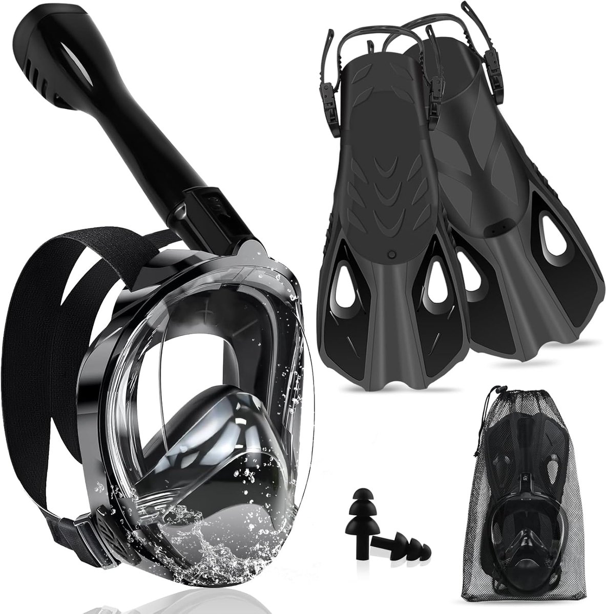 Snorkelset voor volwassenen met zwemvliezen, duikmasker, volledig gezichtsmasker, beslaat niet, 180° gezichtsveld en camerahouder, verstelbare vinnen met etui, voor snorkelen duiken