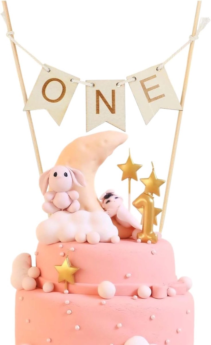1 stuk handgemaakte taartdecoratie met het opschrift "One" voor de 1e verjaardag van hout