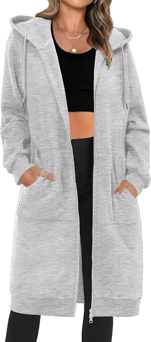 Damestrui met capuchon, grote fleece hoodie met ritssluiting, lange jas, damestrui, lange mouwen, casual, los, sweatshirt, herfst, winter