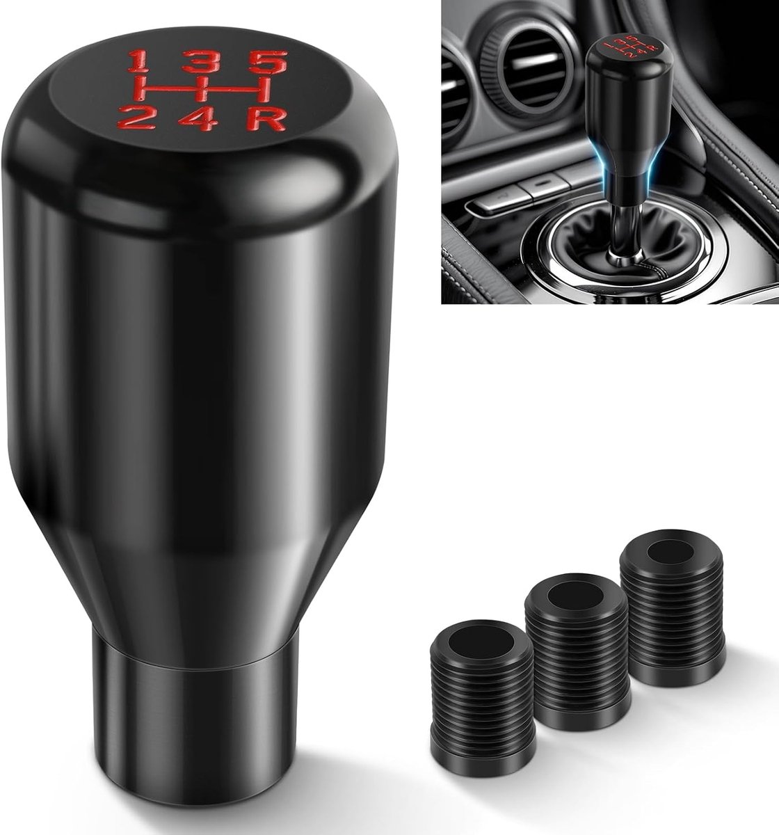 versnellingspook 5 versnellingen, universele zwarte metalen schakelknop met 3 adapters (8 mm, 10 mm, 12 mm) - handmatige versnellingshendel als binnenruimte-reserveonderdeel voor de meeste auto's