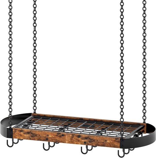 80,5 cm hangend pannenrek, ruimtebesparend pannenhanger voor de keuken, plafond pannenrek met 16 afneembare S-haken, stevig metalen frame, industriële stijl, rustiek bruin en zwart TPR09BF — afbeelding 5