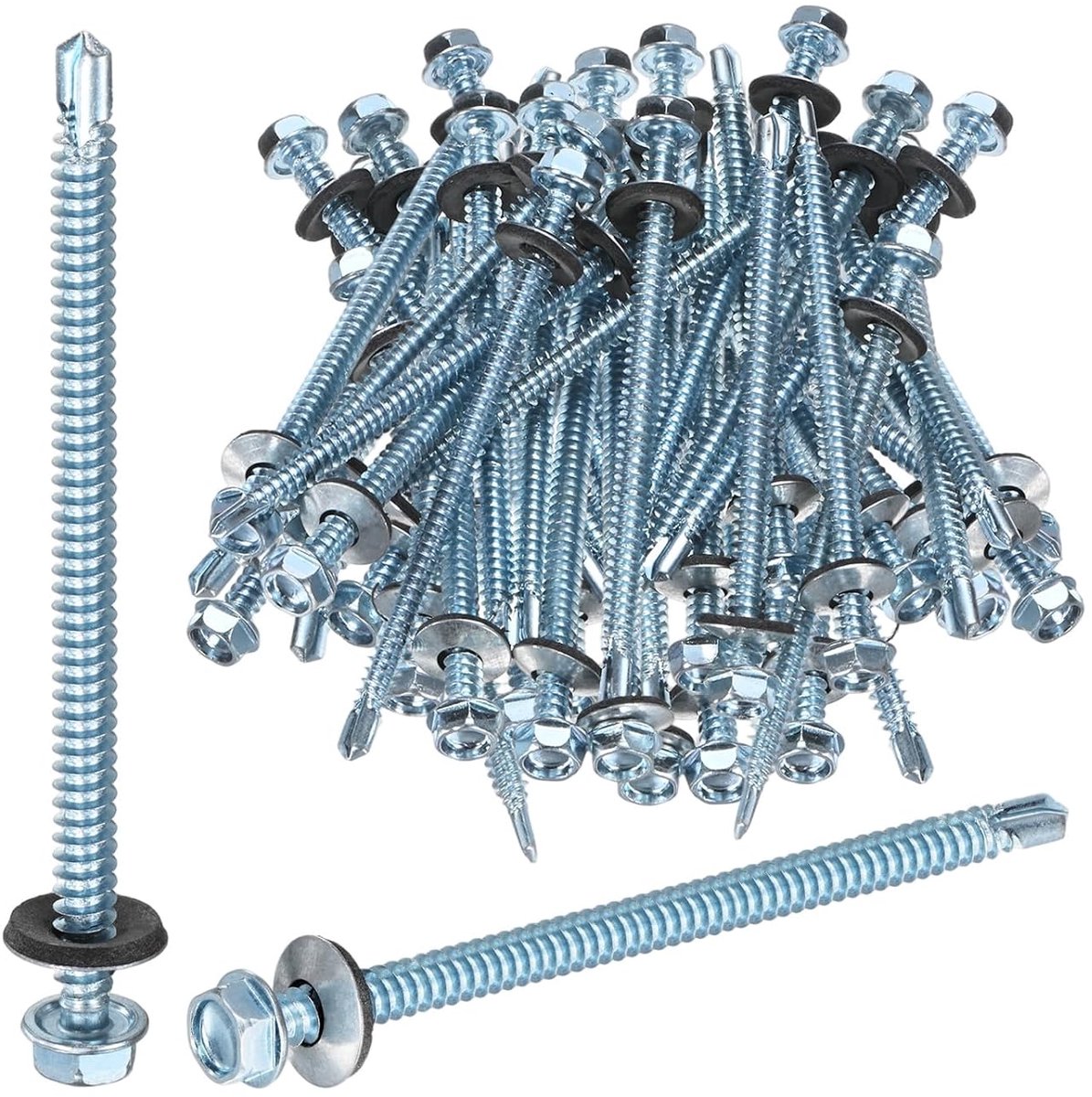 Zelfborende schroeven met rubberen ring, M6,3 x 100 mm, verzinkt, koolstofstaal, zeskantige kop, zelftappende schroeven voor metalen daken/wandbekleding, 50 stuks
