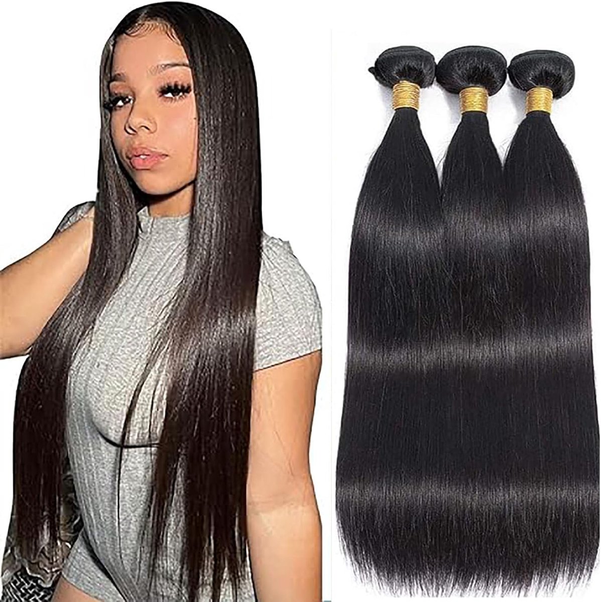 24 26 28 Inch Natural Hair Extensions Human Hair Bundles Straight Human Hair Bundles for Sew Natural Black Color Double Weft Extensions for Women Minimal Smell Low Tangle