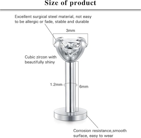 Kraakbeen Oorbellen Tragus Bar Rvs 16G Helix Studs Top Oor Piercing Sieraden CZ — afbeelding 2