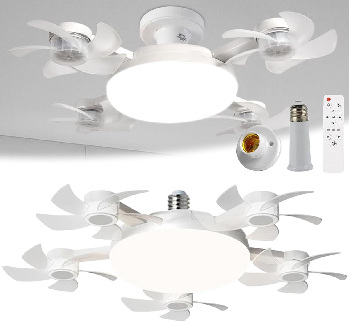 Casalora E27 + B22 Schroeffitting Plafondventilator met 5 Bladen - LED Drone Plafondventilator met Afstandsbediening - Dimbare Ventilator met Timerfunctie - Stille Ventilator voor Slaapkamer
